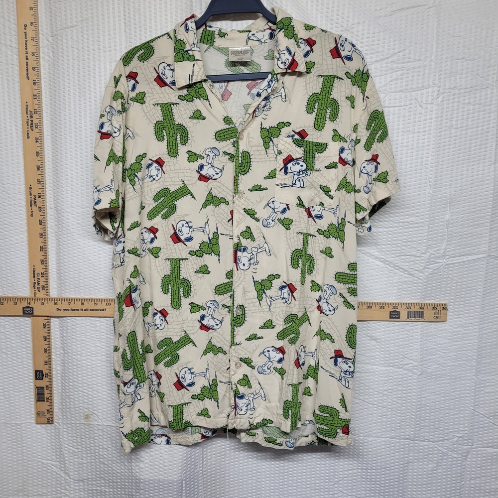 Peanuts Snoopy Cactus Cowboy‎ Rayon Button Down Shirt Mens Lg Cream Short Sleeve